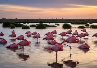 A gathering of flamingos wading peacefully in shallow waters at dusk creating a vibrant scene of nature and tranquility