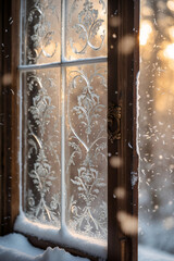 ice and frost on wooden window glass with warm cabin glow visible through antique frame aesthetic winter wallpaper background