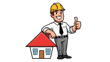 Cartoon Architect with Yellow Helmet and Small House Black Background