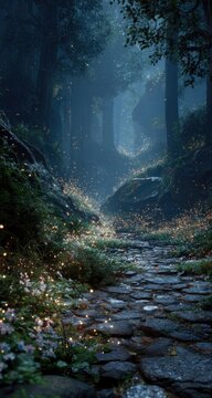 Mystical forest path at night, lit by fireflies