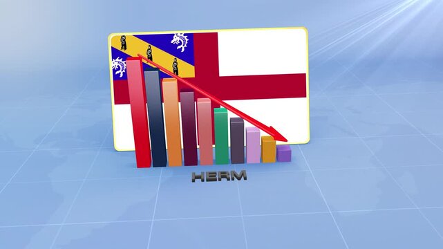 Herm Flag on 3D Bar Graph with Downward Red Arrow Economic Crisis Concept