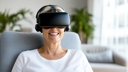 Immersive therapy experience with smiling woman wearing VR headset in bright room