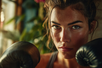 Close-up of a determined female boxer sweating in a sunlit gym, wearing leather gloves — intense focus, strength, resilience and athletic grit