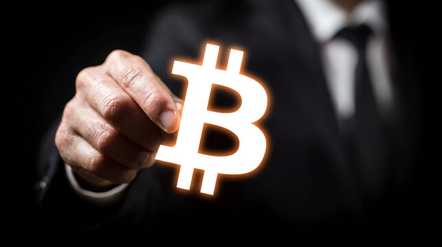 Person in suit holding glowing Bitcoin symbol against dark background - Powered by Adobe