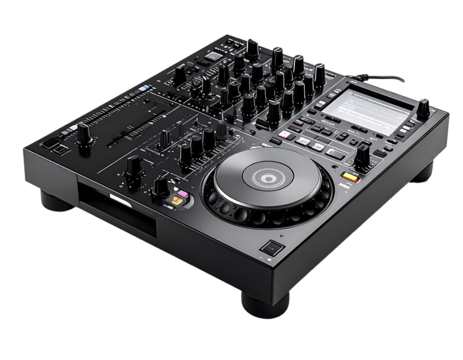 Black professional DJ controller with jog wheel, mixer, and numerous buttons, knobs, and faders;  angled view