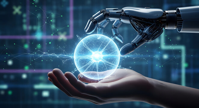 Robotic arm and human hand hold energy sphere future technology