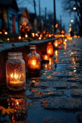 Evening scene of All Saints Day with soft candlelight and reflective ambiance