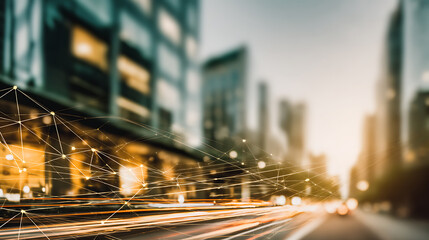 Urban cityscape with digital network overlay and light trails from moving vehicles