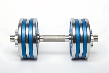 Fototapeta premium Single dumbbell with metallic handle and silver weight plates featuring blue stripes on white background