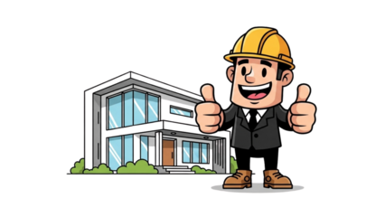 Architect gives thumbs up in front of modern house on black background