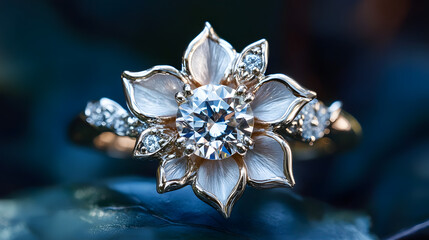 Fototapeta premium Exquisite diamond floral ring showcases sparkling gemstone and intricate gold detail, perfect for proposals and luxury gifts.