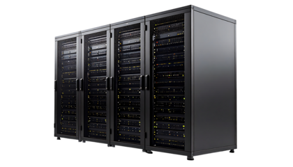 Three dark-grey server racks, side-by-side, filled with numerous lit components behind glass doors