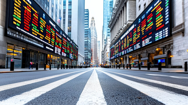 Stock exchange building with ticker display, financial district, urban landscape, bustling city