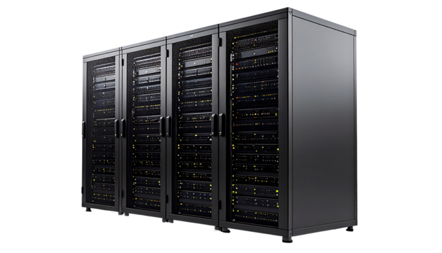 Three dark-grey server racks, side-by-side, filled with numerous lit components behind glass doors