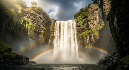 Majestic Waterfall Plunges into Pool with Rainbow, Mossy Cliffs, and Dramatic Sky