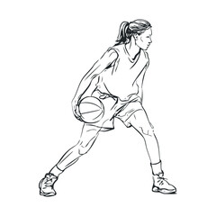 Fototapeta premium Young female athlete dribbling basketball on court during practice. Vector illustration