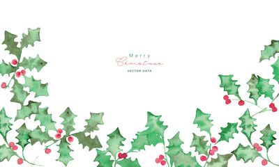 水彩画。水彩タッチのクリスマスひいらぎイラスト。12月のクリスマスフレーム。緑の柊ベクターイラスト。Watercolor painting. Christmas holly illustration with watercolor touch. Christmas frame in December. Green holly vector illustration.