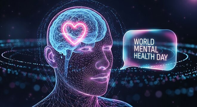 A digital art for world mental health day with brain and heart illustration