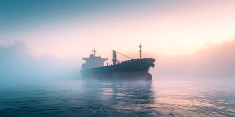 Obraz premium A majestic cargo ship navigating through thick, ethereal fog on the calm ocean during a serene and colorful sunrise