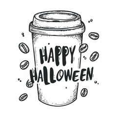 Halloween coffee cup design for festive celebrations and events. Vector illustration