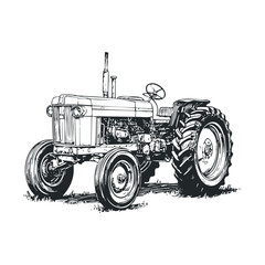 Classic tractor on display in a rural setting with details. Vector illustration