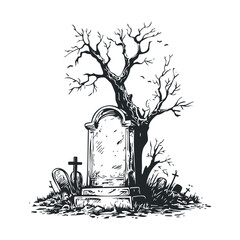 Vintage graveyard scene with a large tombstone and barren tree. Vector illustration