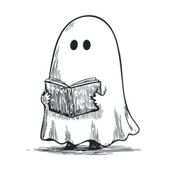 Friendly ghost reading a book in a whimsical style for Halloween theme. Vector illustration