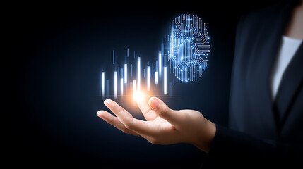 Person holding a glowing digital fingerprint and data bars, symbolizing biometric technology and data analysis