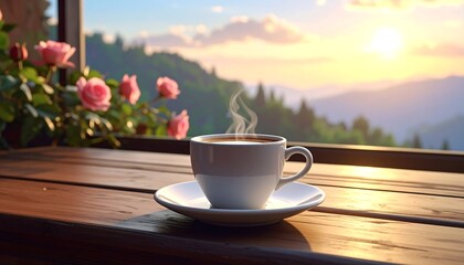Morning serenity with a steaming cup of coffee
