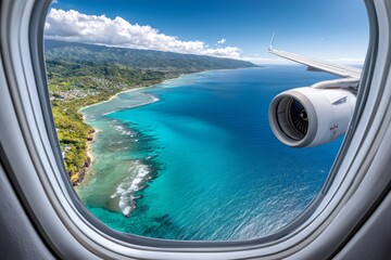 Airplane flying over tropical island coastline showing blue ocean