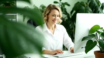 Raindrops cling to vibrant plant leaves in a tranquil indoor workspace, bringing life and freshness to the serene atmosphere, promoting focus and creativity.