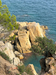 Rocky coastline cliffs with blue sea ocean horizon natural scenic marine landscape summer vacation travel seascape view