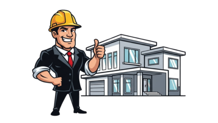 Happy Cartoon Architect Giving Thumbs Up With Modern House Design