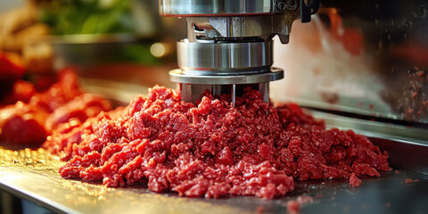 Closeup of minced meat being processed by an industrial meat grinder machine