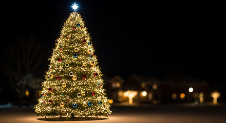 Sparkling Christmas tree adorned with lights and ornaments glows brightly at night