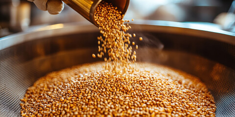 Close up of grains being poured into a metal sieve for processing and cleaning