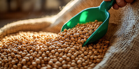 Close up of soybeans in a burlap sack with a green scoop for harvesting and selling