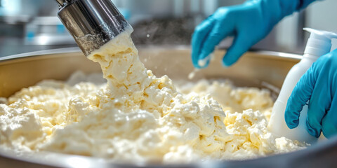 Worker in blue gloves pouring fresh cheese curds into a large vat for processing