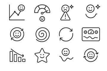 AI Emotion Icon Grid. Outline icon set of AI emotional feedback loops: happy graph, sad meter, anger alert,