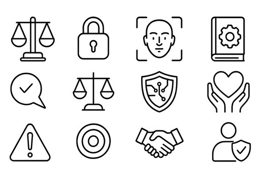 Ethical AI Icon Set. Outline icon set of Emotional recognition ethics: justice scale, privacy lock, face scan