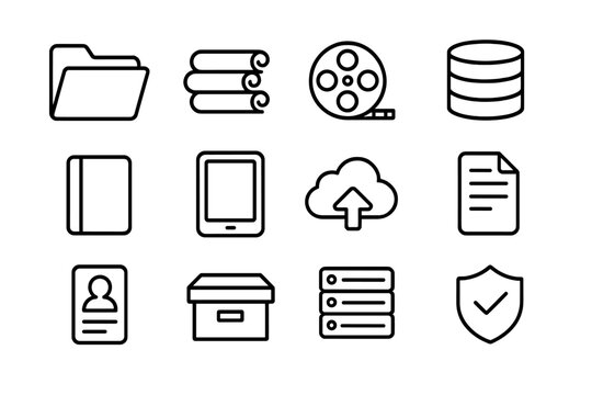 Digital Archive Icons. Outline icon set of Digital heritage archives: open folder, scroll stack, microfilm
