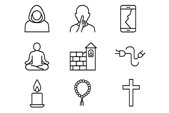 Digital Ascetic Icons. Outline icon set of Digital asceticism: hooded monk, silent figure, broken smartphone,