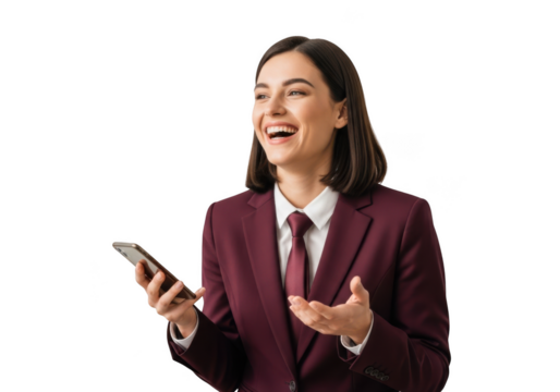 Cheerful businesswoman in burgundy suit holding smartphone and laughing - stock photo of professional woman communicating isolated on transparent background - Powered by Adobe