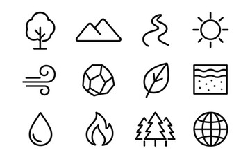 Natural Resources Icons. Outline icon set of Natural resources: tree, mountain, river, sun, wind swirl,