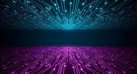 Futuristic digital circuit board with blue and purple glowing lines.