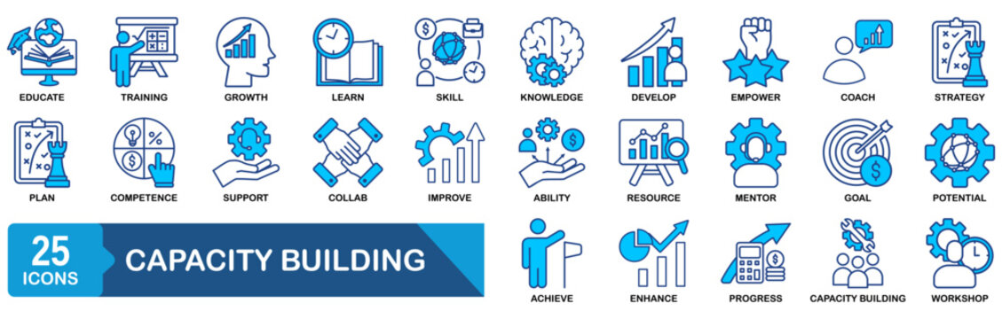 capacity building icon set collection in solid glyph style. an icon pack contain goal,training,skill,knowledge,growth,develop,learn