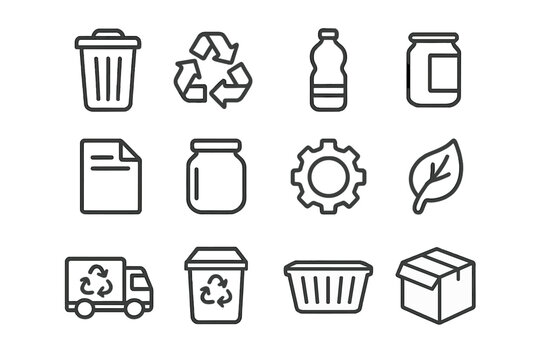 Recycling Icons Set. Outline icon set of Recycling process: trash bin, arrows loop, plastic bottle, can, paper