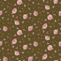 Holly baubles with leaves and berries, forming a Christmas maximalist pattern in colors of pink, yellow, brown and black on green. Holiday seamless vector pattern. Great for home decor, fabric, gifts.