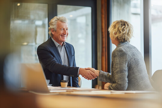 Experienced professionals sealing a deal: mature businessman and businesswoman smiling and shaking hands across a modern office desk