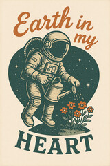Retro style illustration of an astronaut watering flowers in space with the phrase Earth in My Heart. Vintage cosmic design symbolizing love for nature, humanity, and the planet.